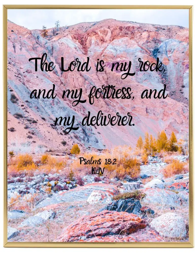 Pink and blue mountains with black writing God is my rock, my fortress, and my deliverer.
